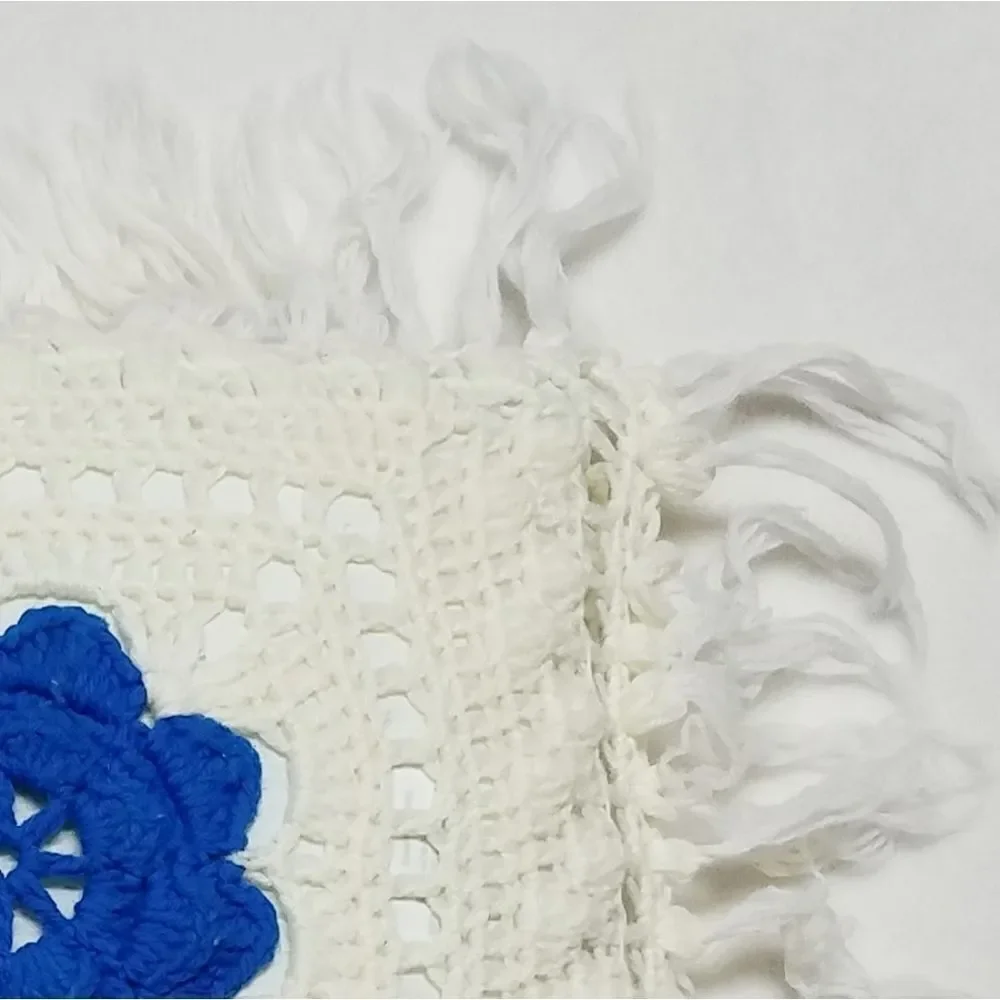 VINTAGE Blue Cream Floral Handmade Crochet Pillow